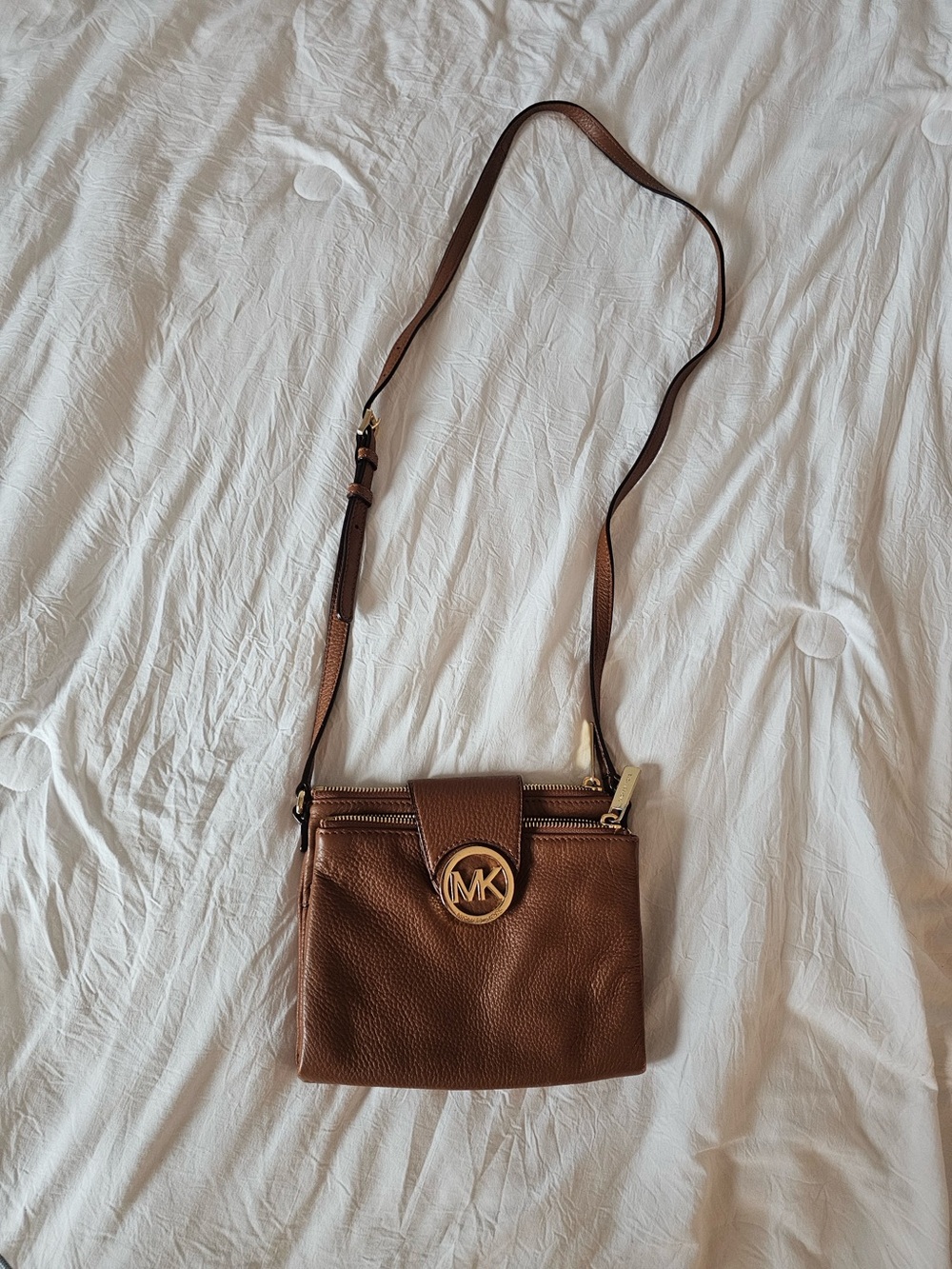 Michael Kors Brown Pebbled Leather Crossbody with Gold MK Accent